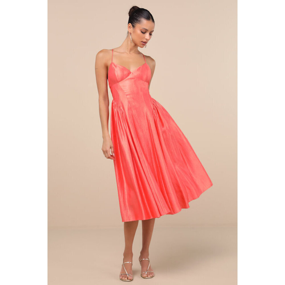 Lulus Paride Shiny Coral Gathered Lace-up Midi Dress Orange - Size M